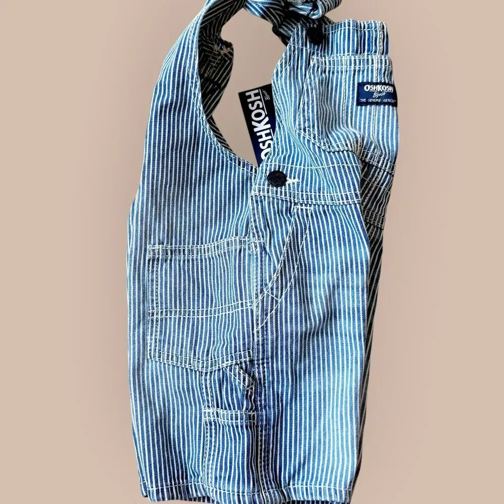 OshKosh B'gosh Railroad Striped Bib Shortalls Overalls Unisex 2T Blue White New